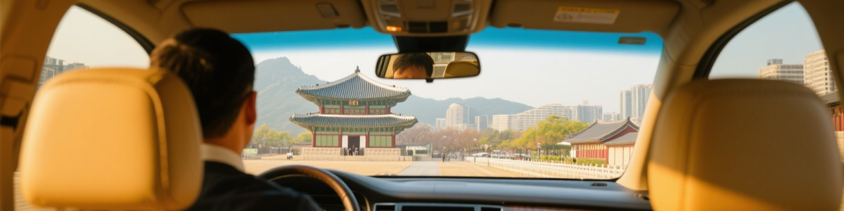 jimeng-2026-01-18-8688-私人轿车，乘客第一视角，前面是司机，车窗外是首尔著名风景，颜色风格是暖黄色的